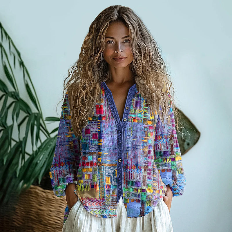 Bohemian Style Linen Purple Patchwork Ethnic Art Print Long Sleeve Shirt elevenforest