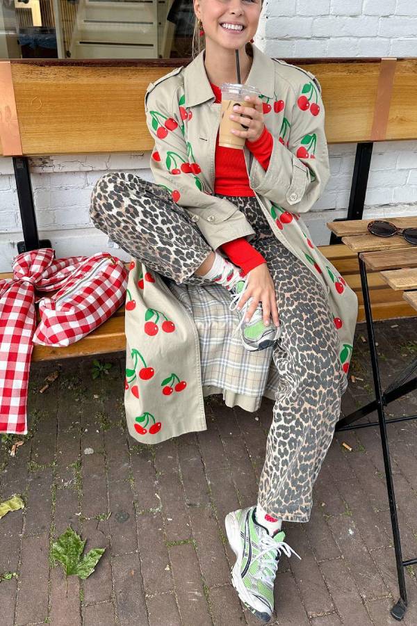 Fruit Print Long Coat Cherry Trench Coat