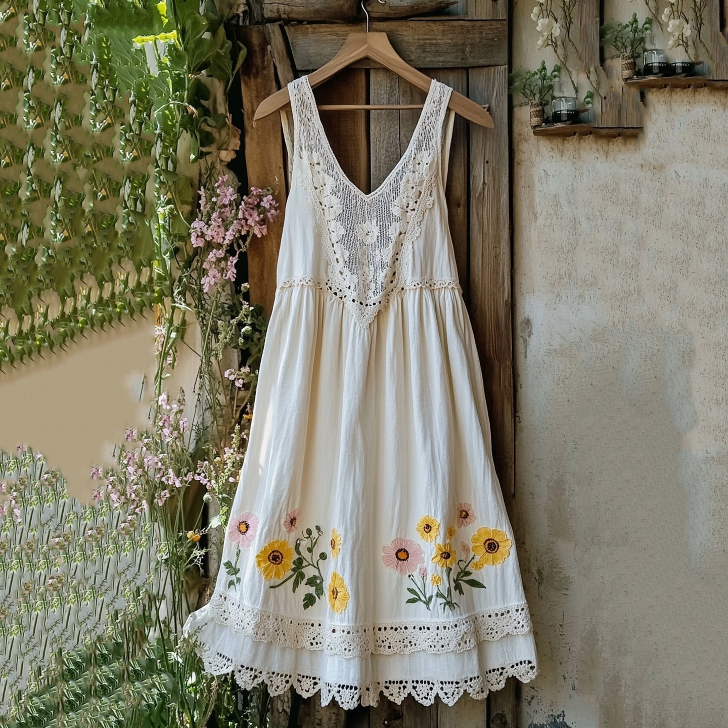 Floral Embroidered Sleeveless Linen Blend Midi Dress elevenforest
