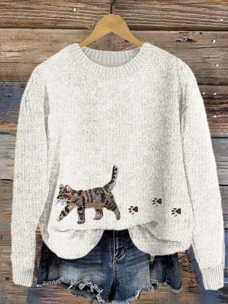 Cat & Paw Prints Embroidered Cozy Knit Sweater