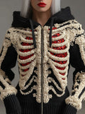 Comstylish Halloween Skull Sequin Art Knit Zipper Hooded Sweater