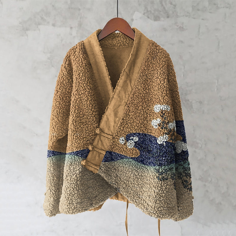 Floral Flow Japanese Splicing Art Cozy Fleece Kimono Cardigan elevenforest