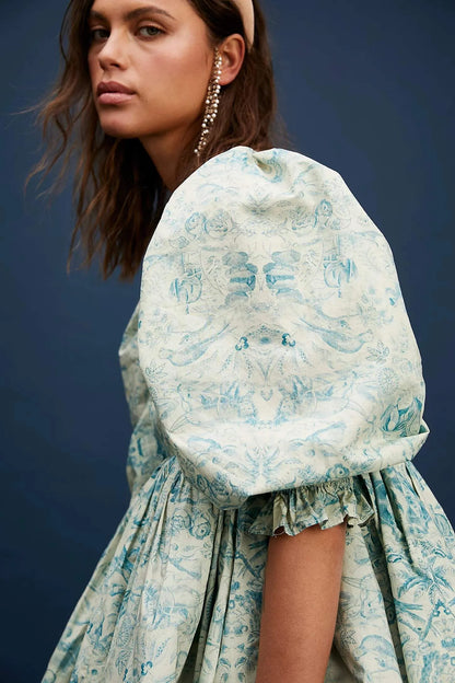 Puff Sleeve Square Collar Ruffle Hem Print Mini Dress