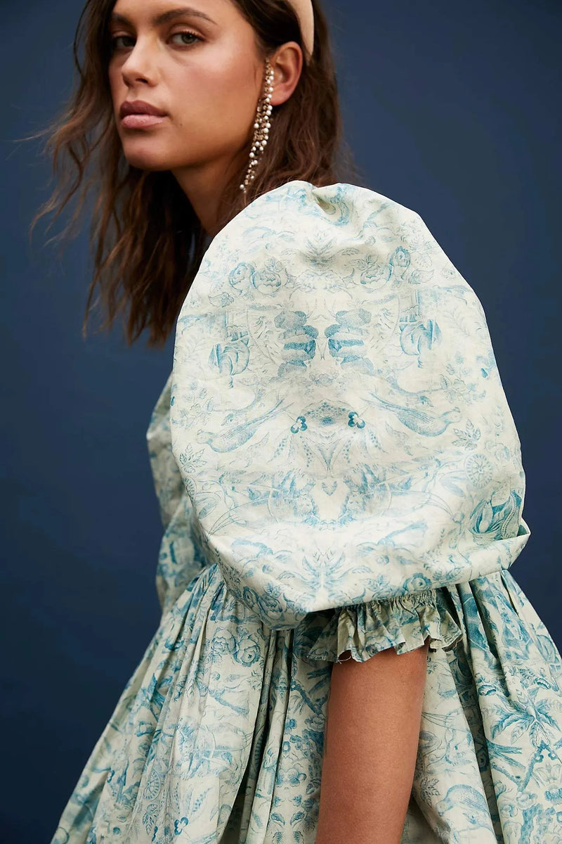Puff Sleeve Square Collar Ruffle Hem Print Mini Dress