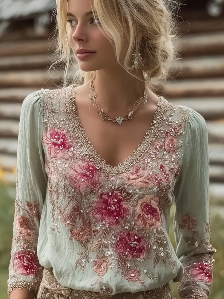 Bohemian Retro Plant And Flower Pattern Casual Cotton And Linen Long-sleeve Top elevenforest