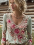 Bohemian Retro Plant And Flower Pattern Casual Cotton And Linen Long-sleeve Top elevenforest
