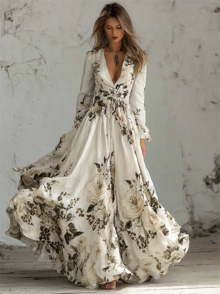 Classy White Roses Print V Neck Flowy Maxi Dress elevenforest