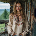 Women's Vintage Floral Embroidered Art V Neck Loose Blouses elevenforest