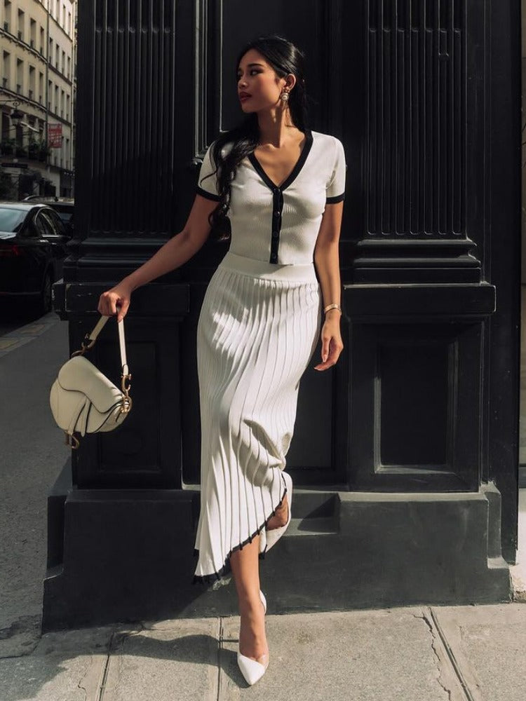 Tossy White Knit Sweater 2 Piece-set Maxi Skirt for Ribbed Short Sleeve Cardigan Top and Long Skirt Sets Knitwear Outfits