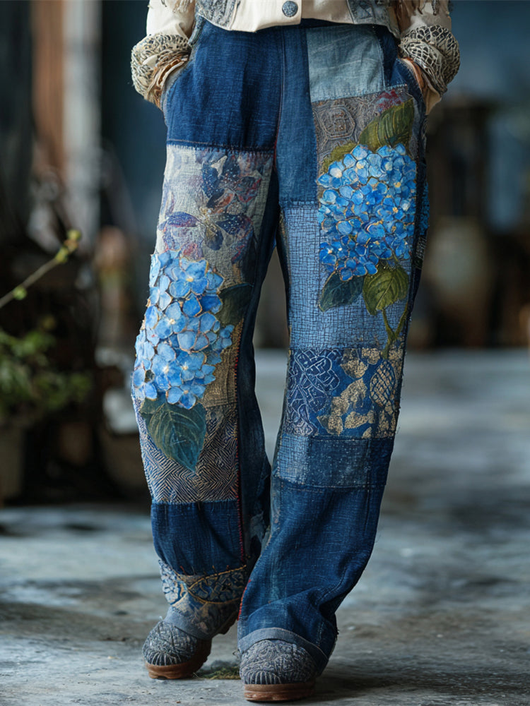 Boho Hydrangea Patchwork Art Women's Vintage Linen Casual Pants elevenforest