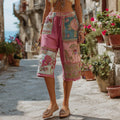 Classic Retro Rose And Floral Patchwork Art Contrast Waist Elastic Pocket Shorts elevenforest