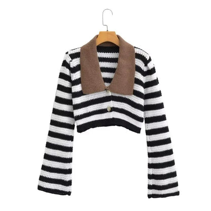 Stripe Contrast Color Lapels Knitted Cardigan – ’s Loose Short Top