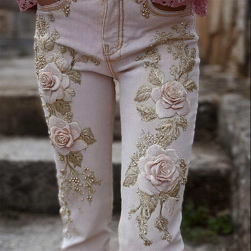 Classy Pink Roses Glitter Embroidered Skinny Jeans elevenforest