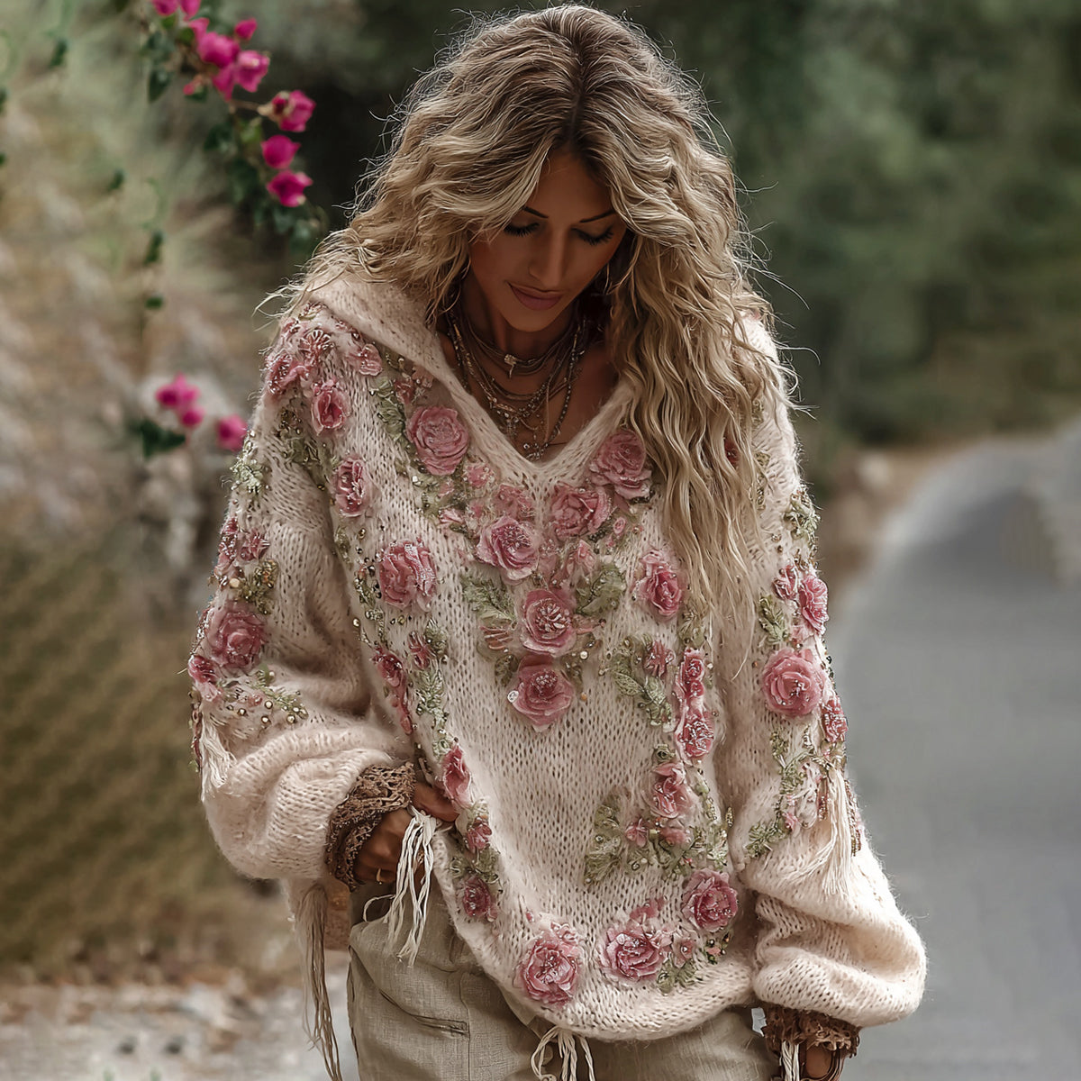 Women's Vintage Rose Embroidery Art Cozy Knit Hooded Sweater elevenforest