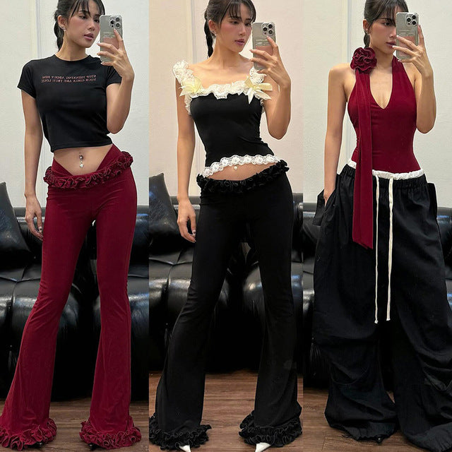 Taruxy Ruffled Lace High Elasticity Trousers for New Slim Fit Low-waist Navel-baring Summer Hot Girl Patchwork Pants