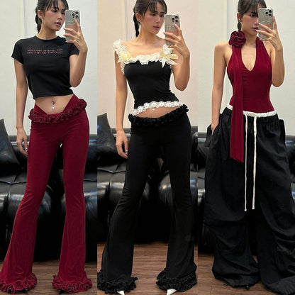 Taruxy Ruffled Lace High Elasticity Trousers for New Slim Fit Low-waist Navel-baring Summer Hot Girl Patchwork Pants