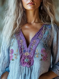 Boho Purple Floral Embroidered Contrast Linen Tunic elevenforest
