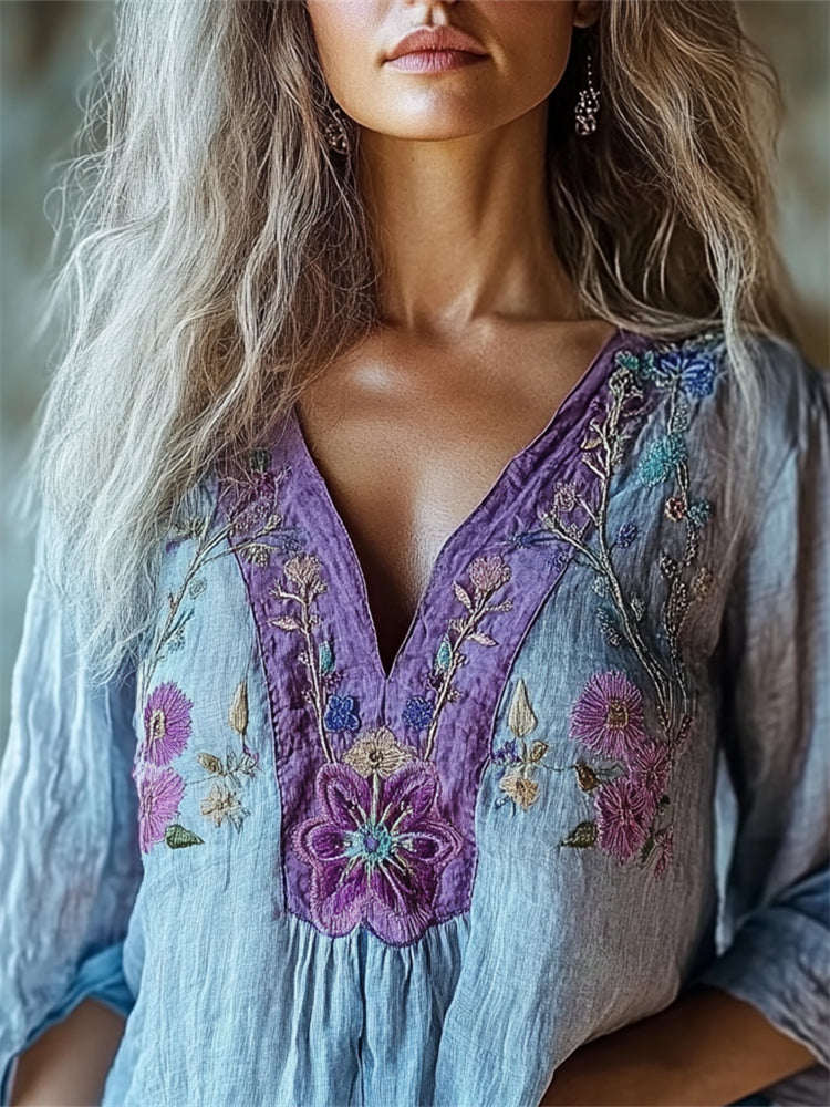 Boho Purple Floral Embroidered Contrast Linen Tunic elevenforest