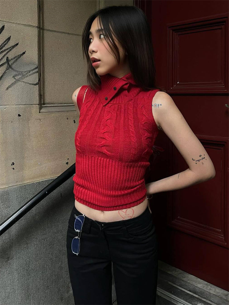 Tossy Twist Patchwork Knit Sweater Pullover Vest Female Ribbed Sleeveless Hollow Out Cropped Y2k Top Knitwear Tank Top New