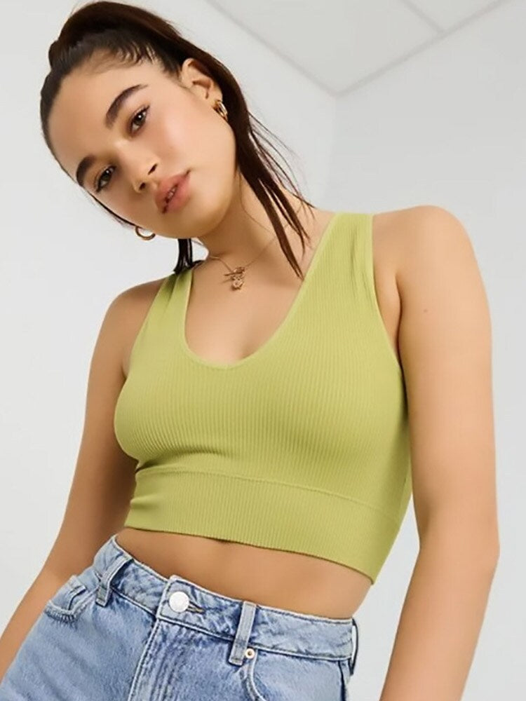 Crop Top V-neck Sports Seamless Knitted Tank Tops Ribbed Fitness Running Elastic Workout Vest Top