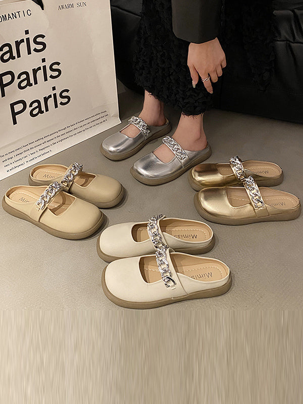 Chains Round-toe Shallow Cut Split-joint Mary Janes Slippers