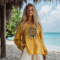 Vintage Bohemian Beach Vacation Linen Long-sleeved Round Neck Tops elevenforest