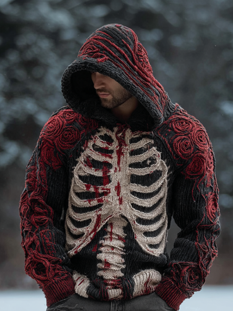 Halloween Line Design Retro Men's Knit Hooded Sweater artswardrobe