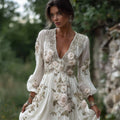 Boho Roses Beaded Embroidered Lace Flowy Linen Maxi Dress elevenforest