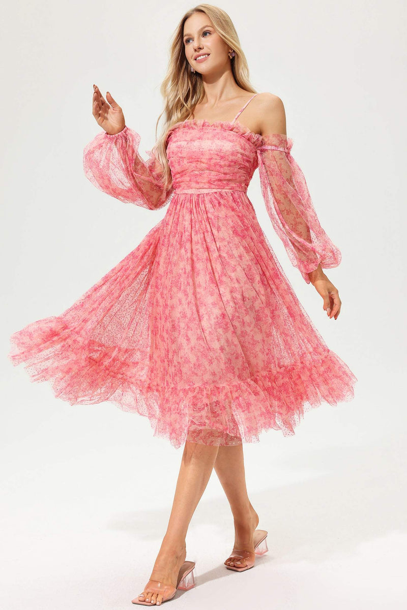 Lantern Sleeve Off-shoulder Pleated Midi Dress