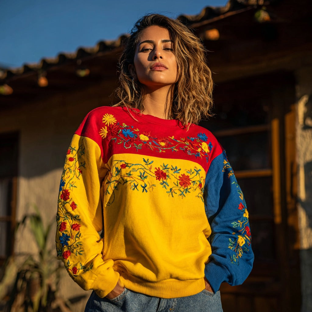 Women's Venezuelan Traditional Floral Pattern Casual Crew Neck Sweatshirt elevenforest