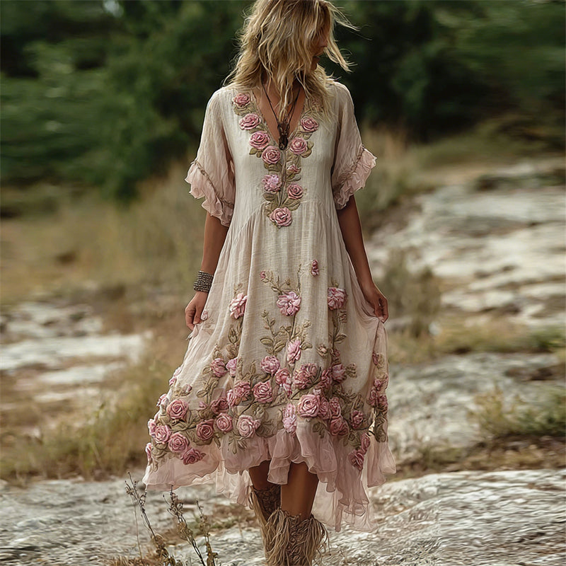 Vintage Pink Roses Fiber Art Ruffle Hem Flowy Linen Maxi Dress elevenforest
