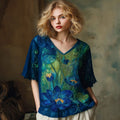 Women's Vintage Lotus Floral Landscape Art Embroidery Sleeve Shirt elevenforest