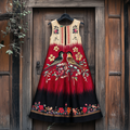 Japanese Lovely Birds And Floral Embroidery Pattern Sleeveless Midi Dress elevenforest