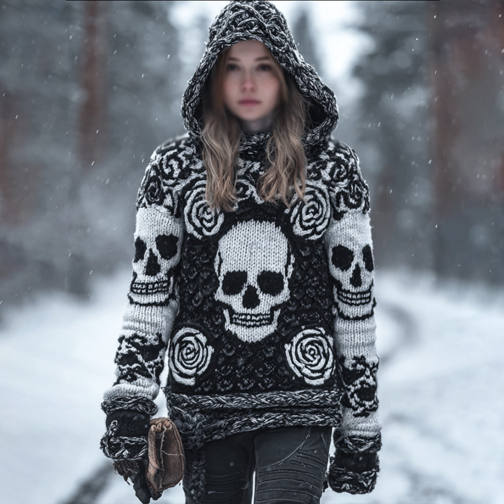 Women's Vintage Three-dimensional Skull Rose Black And White Warm Hooded Sweater elevenforest