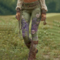 Vintage Purple Lavender And Floral Embroidered Casual Leggings