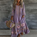 Women's Vintage Floral Art Flowy Linen Blend Casual Long Sleeve Maxi Dress elevenforest