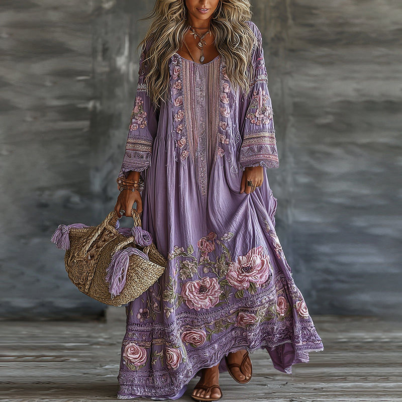 Women's Vintage Floral Art Flowy Linen Blend Casual Long Sleeve Maxi Dress elevenforest
