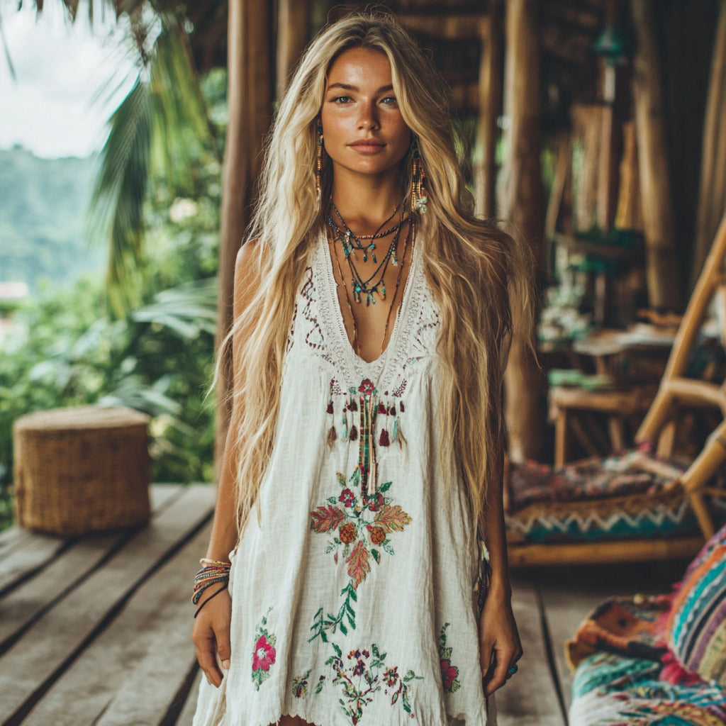 Boho Floral Embroidery Tassel Art Sleeveless Cozy Linen Madi Dress elevenforest