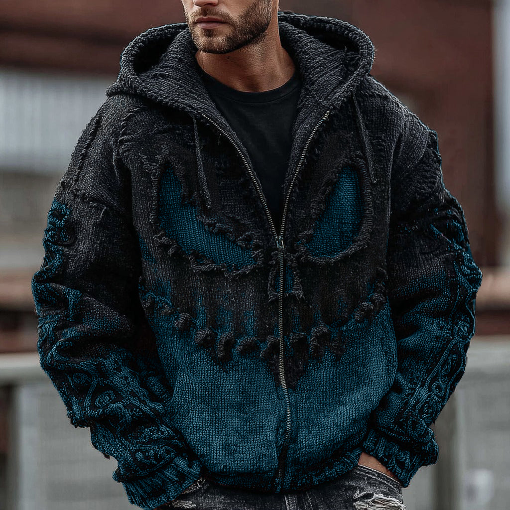 Men's Halloween Spooky Face Gradient Inspired Knitted Distressed Zipper Up Hooded Sweater elevenforest