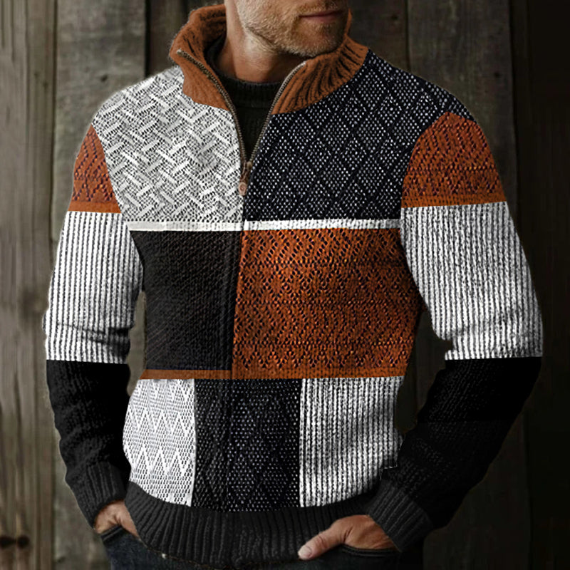 Men's Retro Tribal Western Textured Pattern Patchwork Zipper Sweater elevenforest
