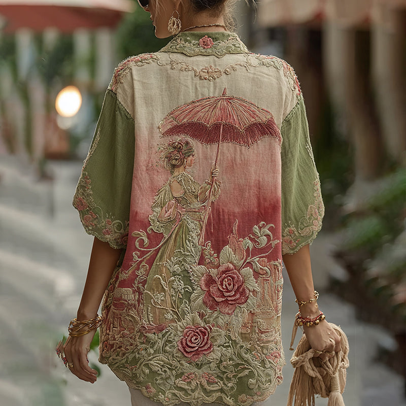 Love & Health Collection Classic Rose And Floral Art Linen Lapel Shirts elevenforest