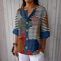 Women's Geometric Stripe Art Print Button Linen Blend Shirt elevenforest