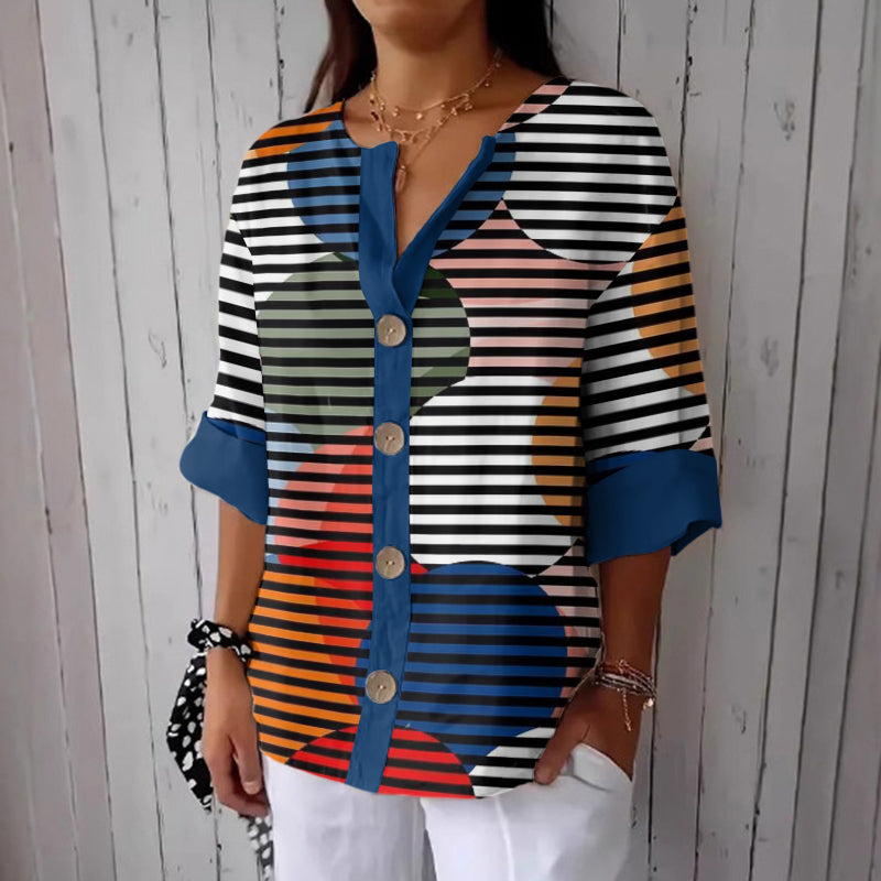 Women's Geometric Stripe Art Print Button Linen Blend Shirt elevenforest