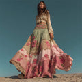 Vintage Boho Pink Rose Textile Patchwork Flowy Linen Wide Skirt elevenforest