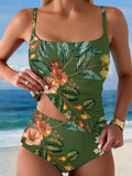 Women's Vintage Floral Print Summer Beach Halter Top And Triangle Briefs Tankini Set