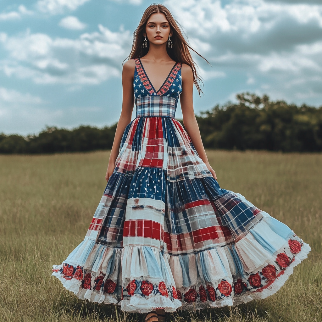 Women's Vintage Independence Day Flag Check Floral Patch Dress elevenforest