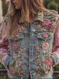 Bohemian Style Rose Embroidery Women's Retro Casual Denim Jacket elevenforest