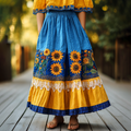 Vintage Sunflower With Lace Patchwork Embroidered Pattern Flowy Wide Skirt elevenforest