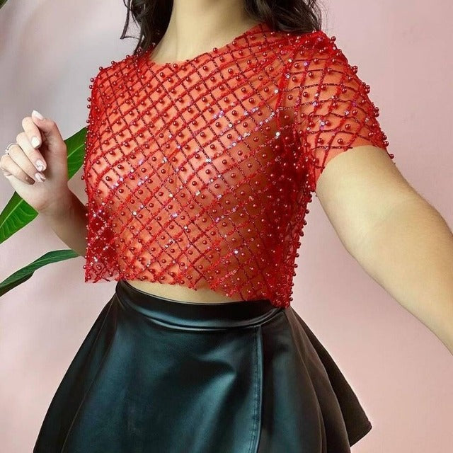 Taruxy Mesh Splice Sequins Cover-up See Through Short Sleeve Crop Tops Party Beach Shirts Cover Up Femme