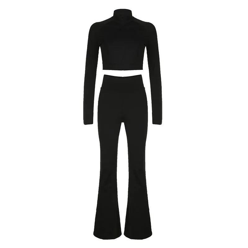 Zipper Short Cardigan Sheath High Waist Flared Pants Pure Black Sports Suit Autumn